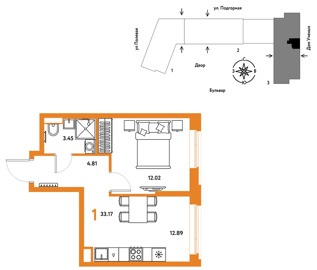 Планировка 1-комн. квартира, 33.25 м² ЖК «Авторский»