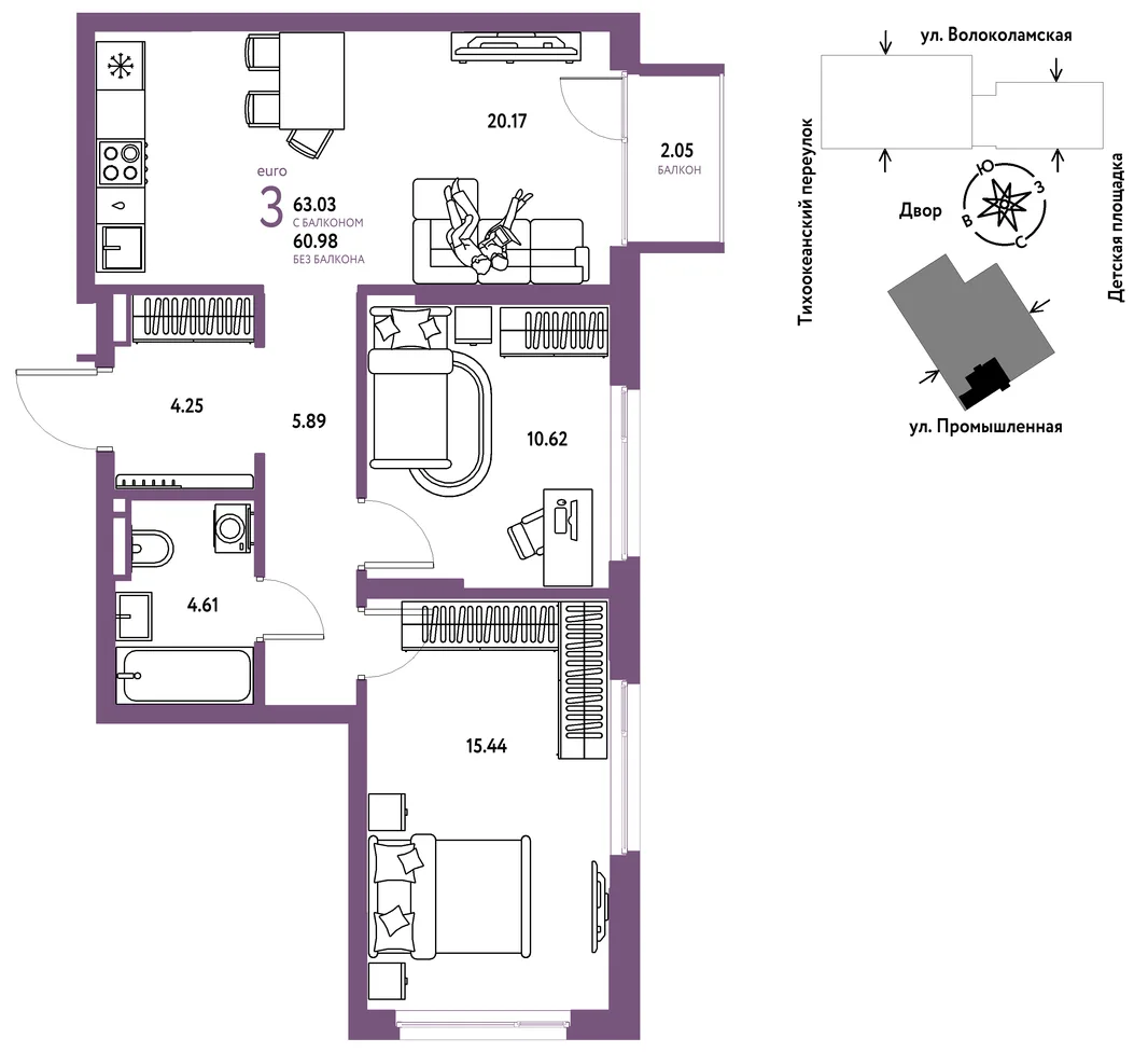 Планировка 3-комн. квартира, 63.03 м² ЖК «Страна Прибрежная»