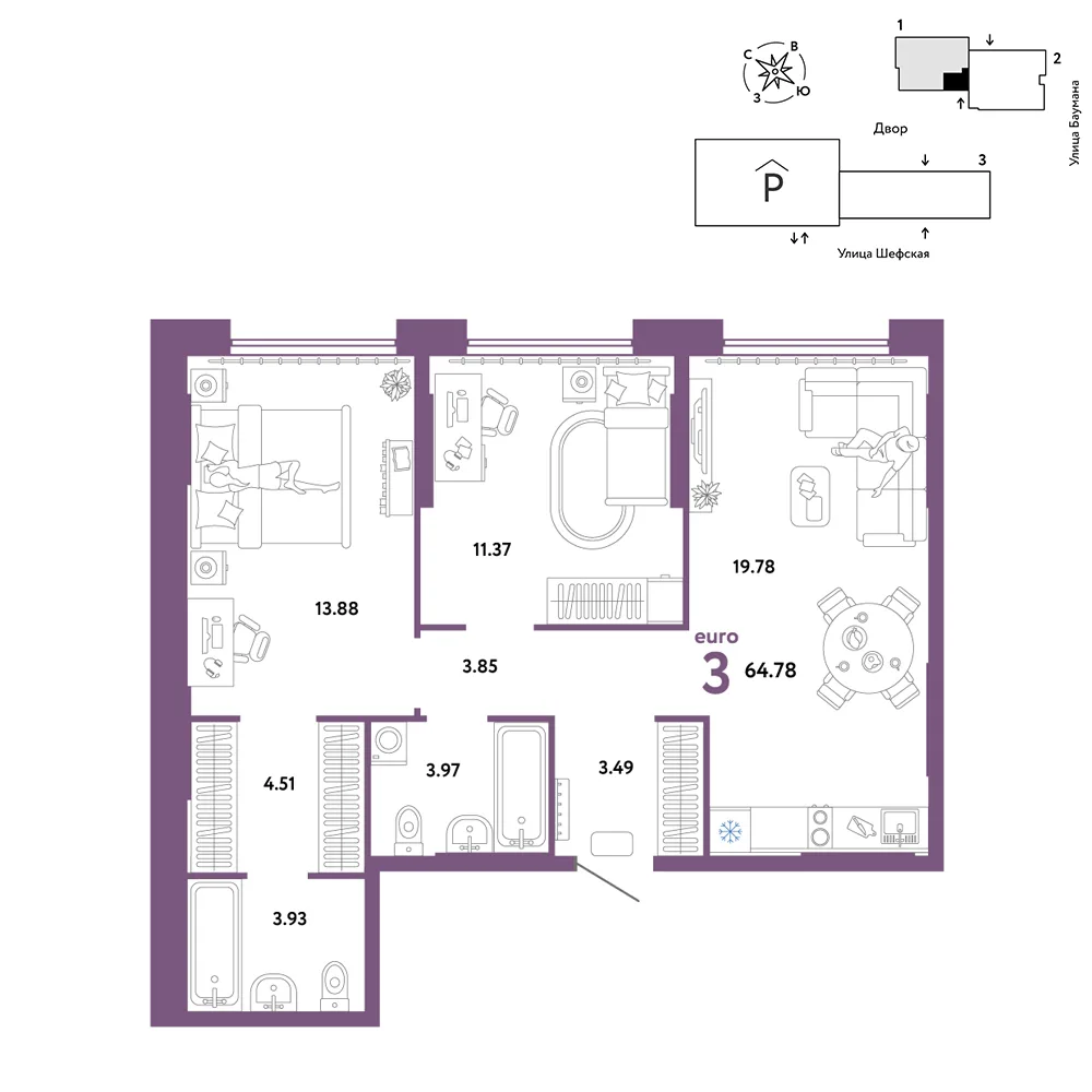 Планировка 3-комн. квартира, 64.78 м² ЖК «Страна.Энтузиастов»