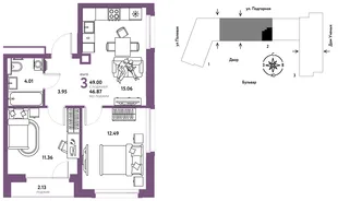 Планировка 3-комн. квартира, 49.09 м² ЖК «Авторский»