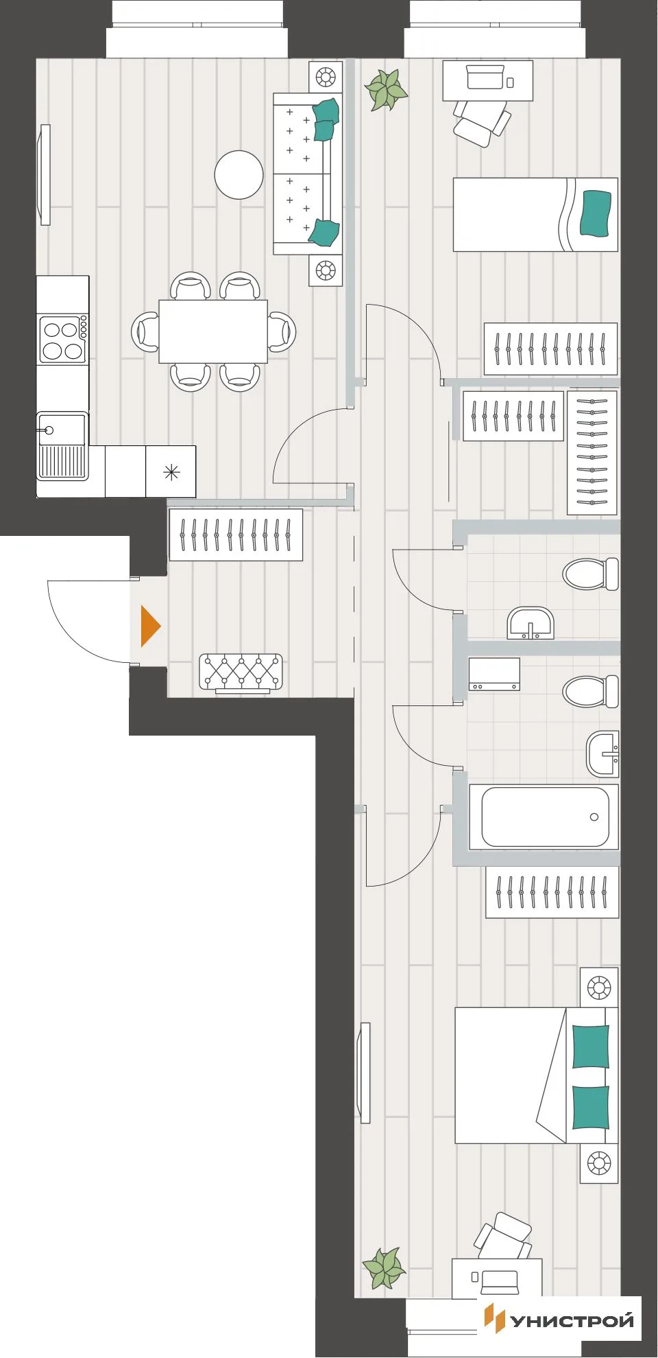 Планировка 2-комн. квартира, 61.6 м² ЖК «Аквамарин»