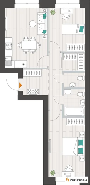 Планировка 2-комн. квартира, 61.6 м² ЖК «Аквамарин»