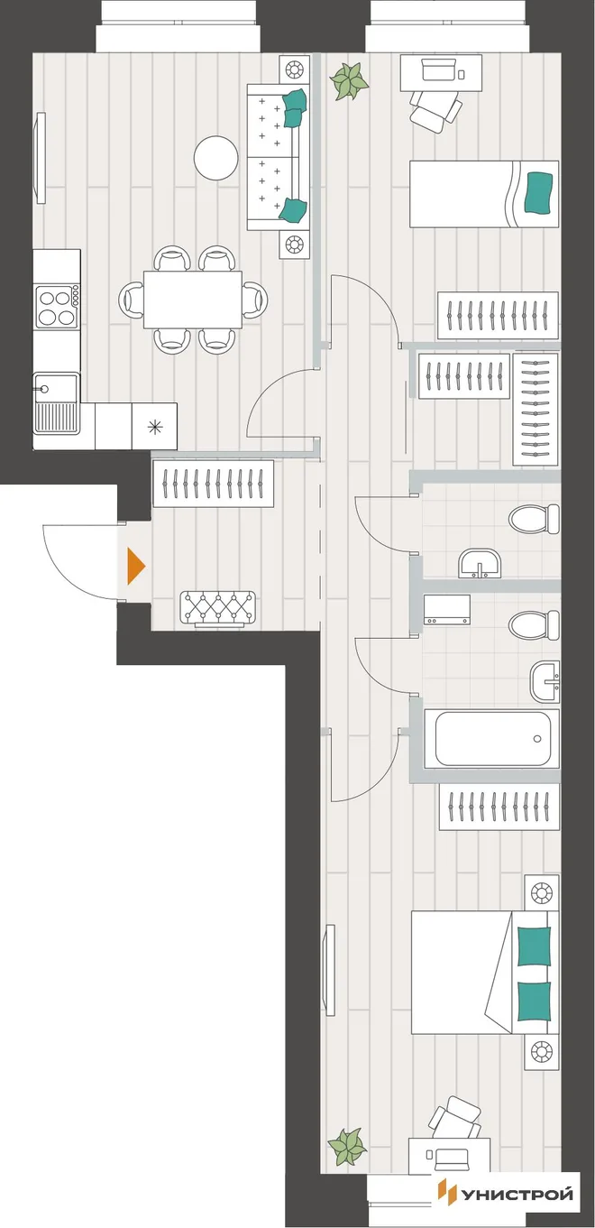 Планировка 2-комн. квартира, 61.6 м² ЖК «Аквамарин» Планировка 2-комн. квартира, 61.6 м² ЖК «Аквамарин»