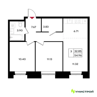 Планировка 3-комн. квартира, 54.96 м² ЖК «Уникум на Энгельса»