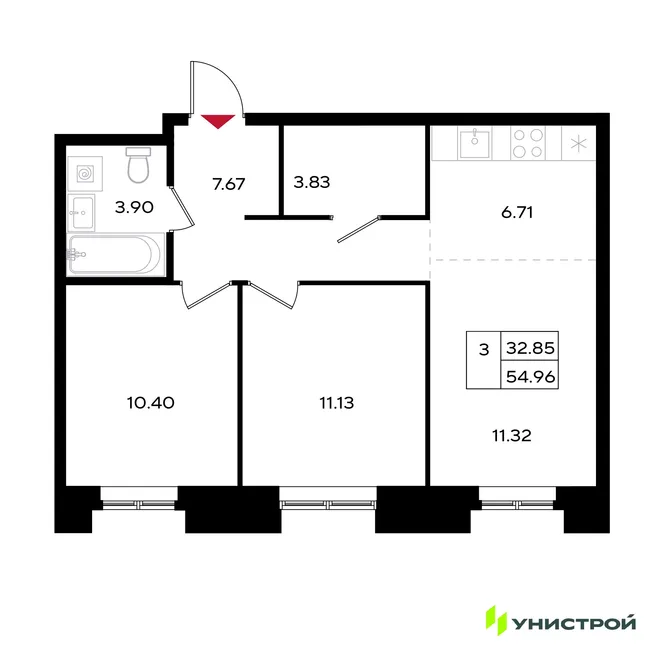 Планировка 3-комн. квартира, 54.96 м² ЖК «Уникум на Энгельса» Планировка 3-комн. квартира, 54.96 м² ЖК «Уникум на Энгельса»