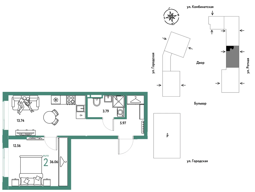Планировка 2-комн. квартира, 36.06 м² ЖК «Уральский сад»