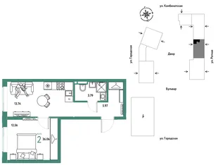 Планировка 2-комн. квартира, 36.06 м² ЖК «Уральский сад»