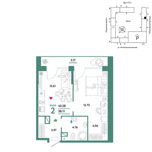Планировка 2-комн. квартира, 43.28 м² ЖК «Юнион»