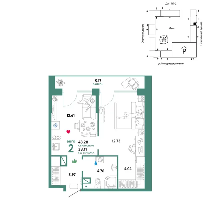 Планировка 2-комн. квартира, 43.28 м² ЖК «Юнион» Планировка 2-комн. квартира, 43.28 м² ЖК «Юнион»