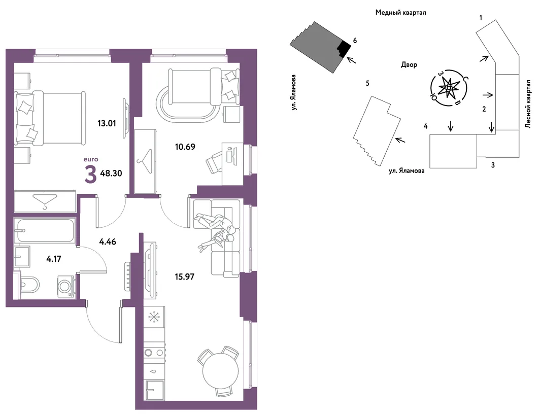 Планировка 3-комн. квартира, 48.3 м² ЖК «Сибирский сад»
