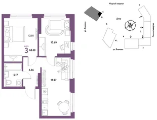 Планировка 3-комн. квартира, 48.3 м² ЖК «Сибирский сад»