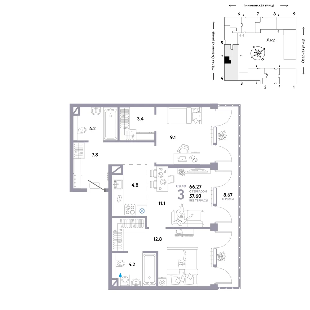 Планировка 3-комн. квартира, 66.27 м² ЖК «Страна.Озёрная»