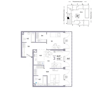 Планировка 3-комн. квартира, 66.27 м² ЖК «Страна.Озёрная»