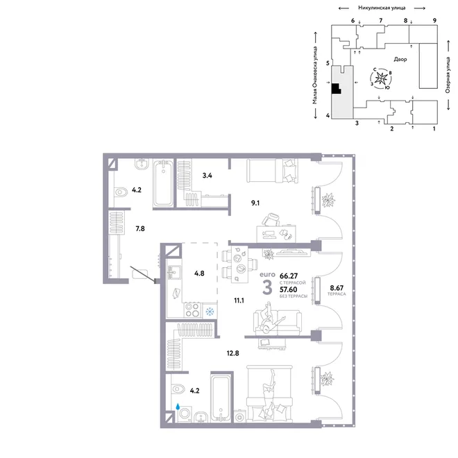 Планировка 3-комн. квартира, 66.27 м² ЖК «Страна.Озёрная» Планировка 3-комн. квартира, 66.27 м² ЖК «Страна.Озёрная»