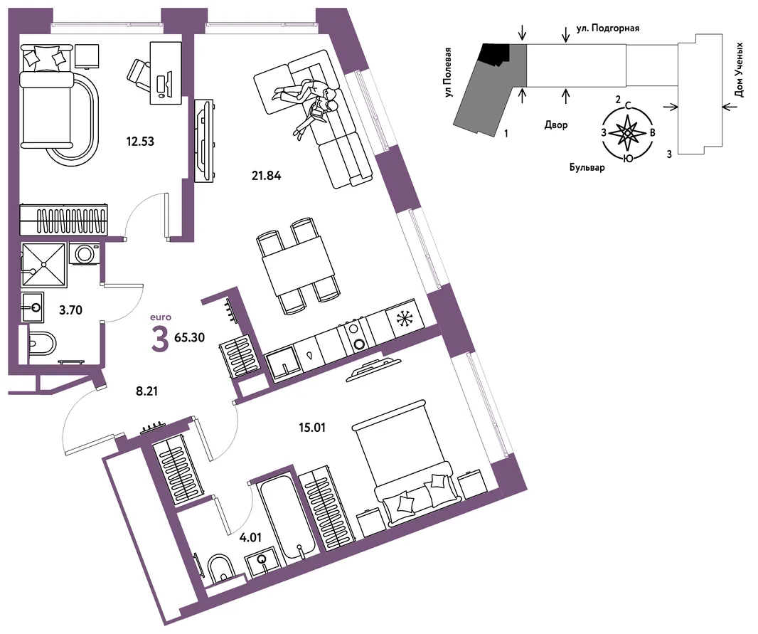 Планировка 3-комн. квартира, 65.47 м² ЖК «Авторский»