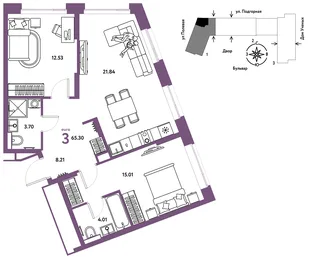 Планировка 3-комн. квартира, 65.47 м² ЖК «Авторский»