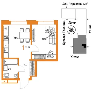 Планировка 1-комн. квартира, 33.06 м² ЖК «Микрорайон Домашний»