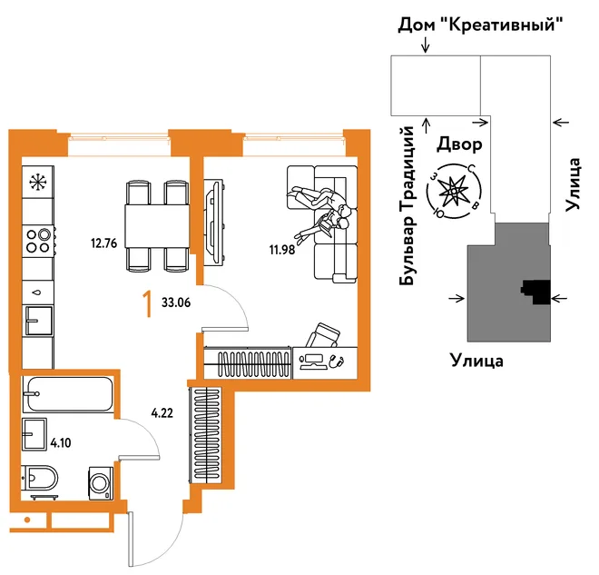 Планировка 1-комн. квартира, 33.06 м² ЖК «Микрорайон Домашний» Планировка 1-комн. квартира, 33.06 м² ЖК «Микрорайон Домашний»