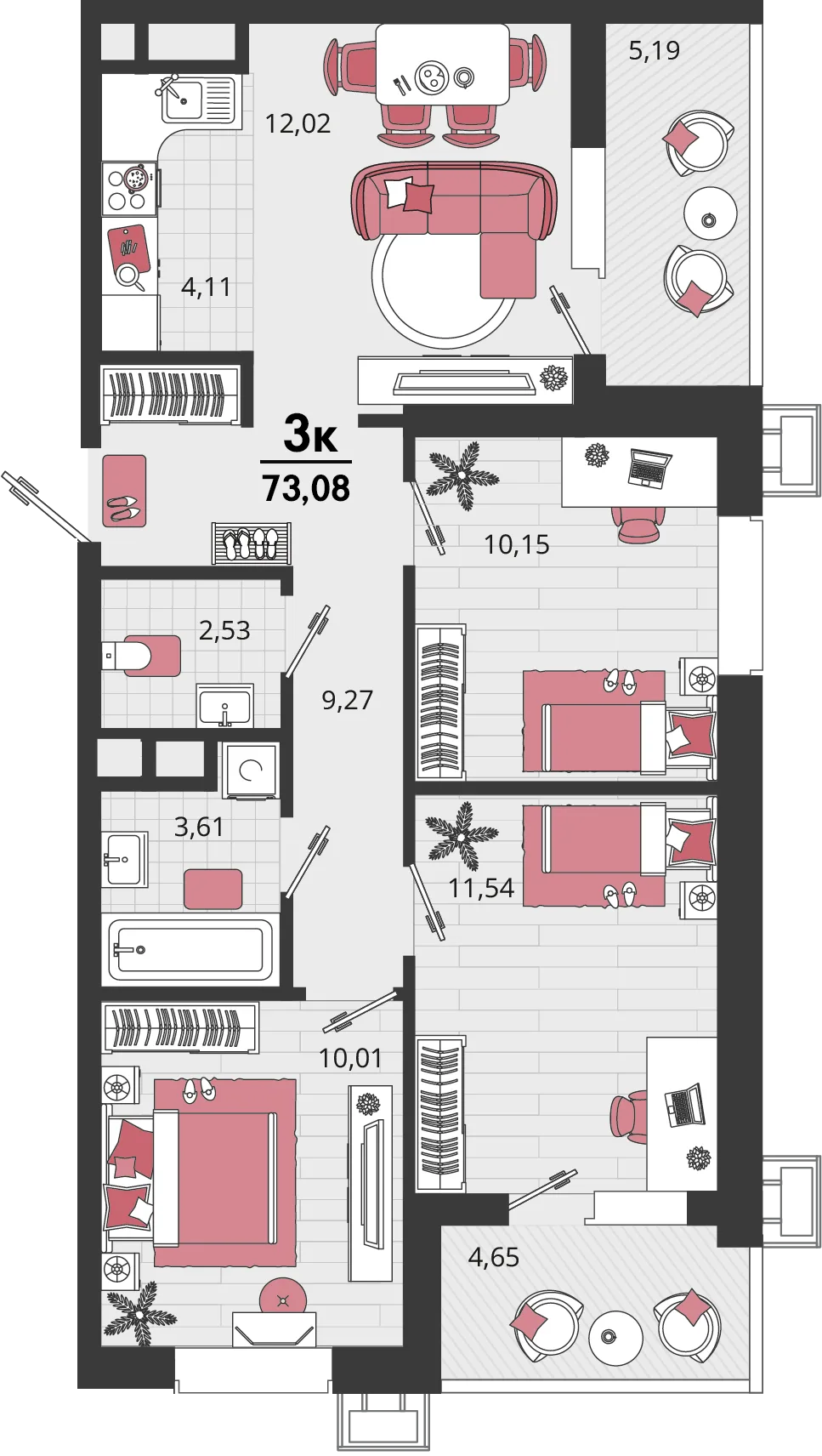 Планировка 4-комн. квартира, 73.08 м² ЖК «Родные просторы»