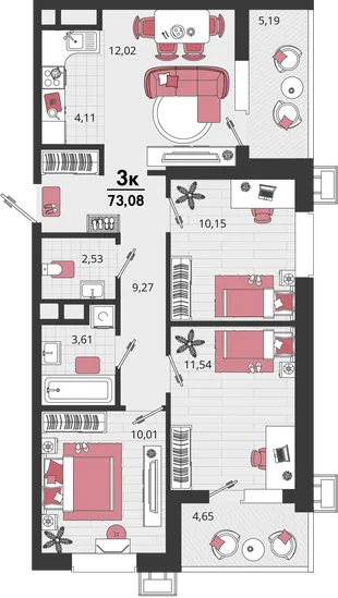 Планировка 4-комн. квартира, 73.08 м² ЖК «Родные просторы»
