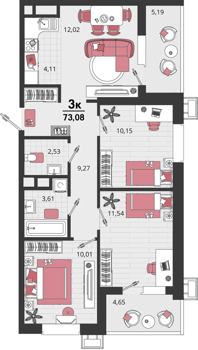 Планировка 4-комн. квартира, 73.08 м² ЖК «Родные просторы» Планировка 4-комн. квартира, 73.08 м² ЖК «Родные просторы»