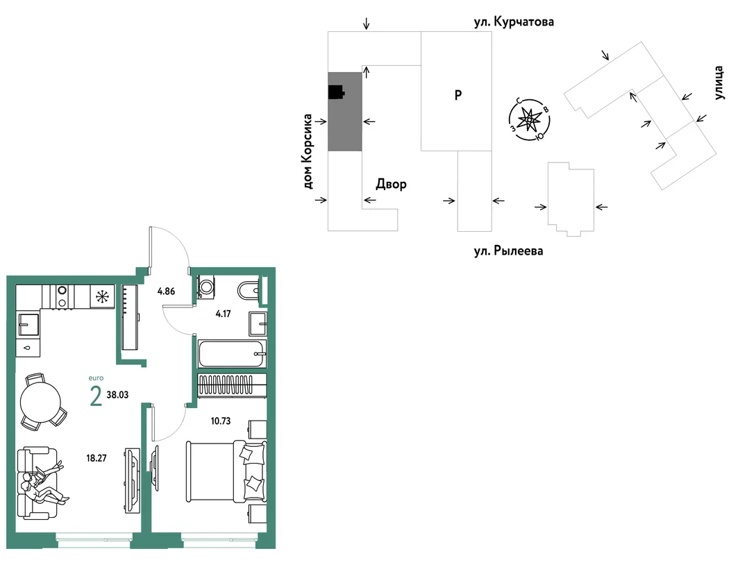 Планировка 2-комн. квартира, 38.03 м² ЖК «Остров-сад»