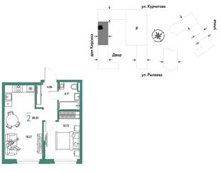 Планировка 2-комн. квартира, 38.03 м² ЖК «Остров-сад»