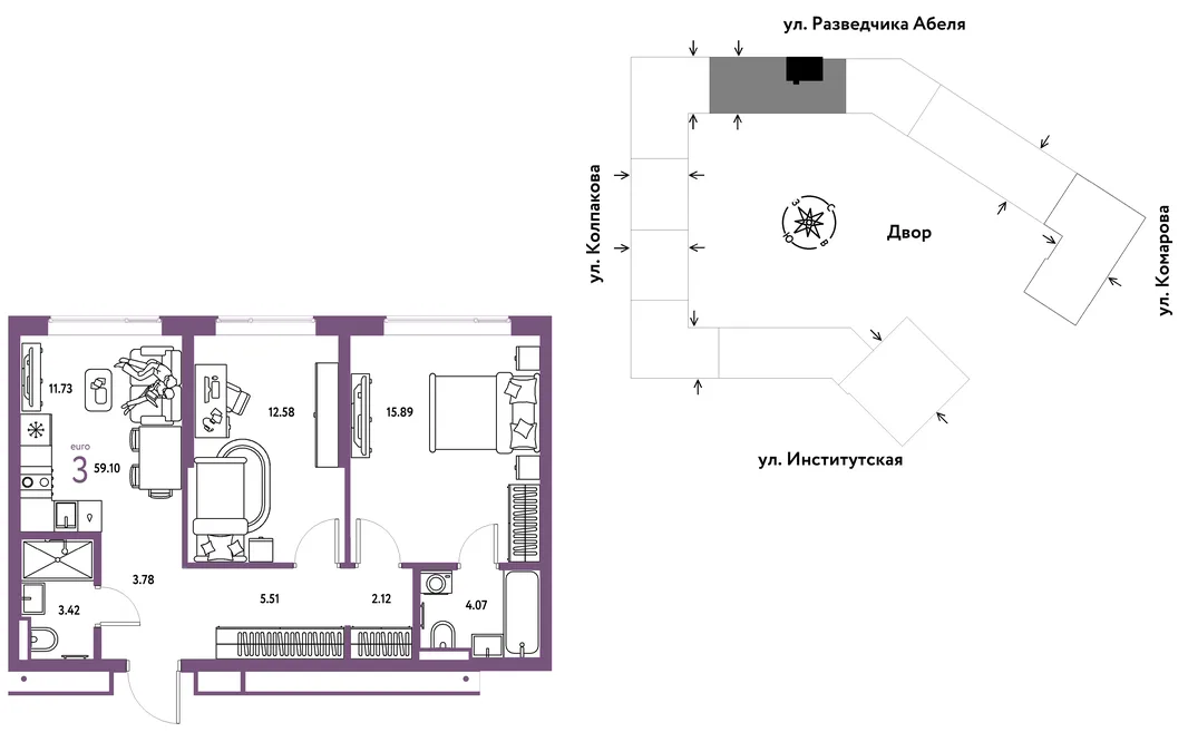 Планировка 3-комн. квартира, 59.1 м² ЖК «Страна.Парковая»