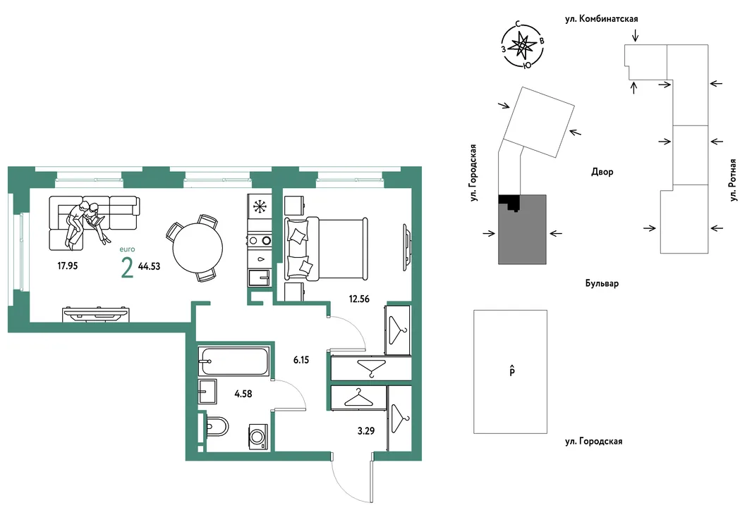 Планировка 2-комн. квартира, 44.53 м² ЖК «Уральский сад»