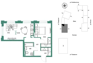 Планировка 2-комн. квартира, 44.53 м² ЖК «Уральский сад»