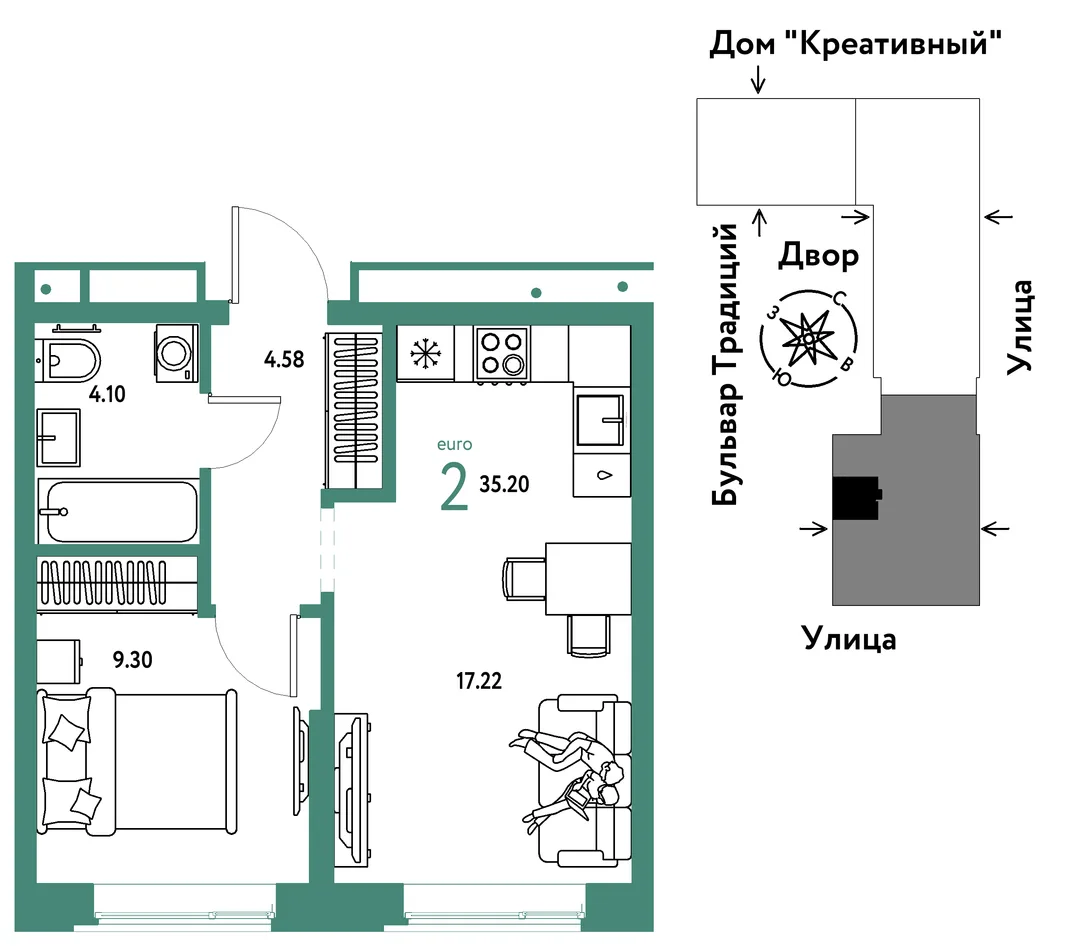 Планировка 2-комн. квартира, 35.2 м² ЖК «Микрорайон Домашний»