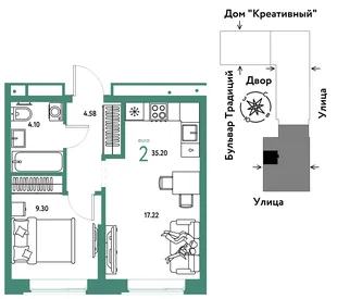 Планировка 2-комн. квартира, 35.2 м² ЖК «Микрорайон Домашний»