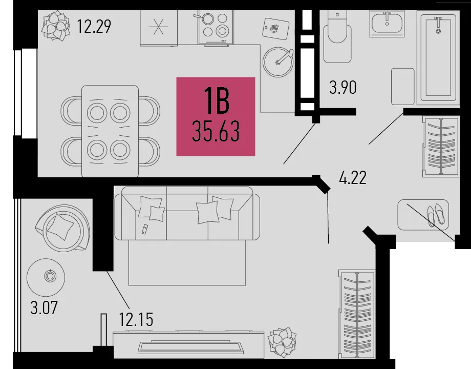 Планировка 1-комн. квартира, 35.63 м² ЖК «Столицыно»