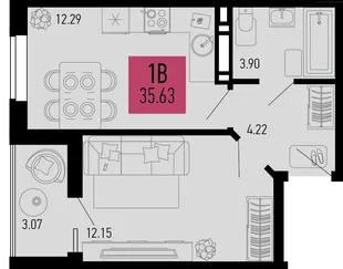 Планировка 1-комн. квартира, 35.63 м² ЖК «Столицыно»