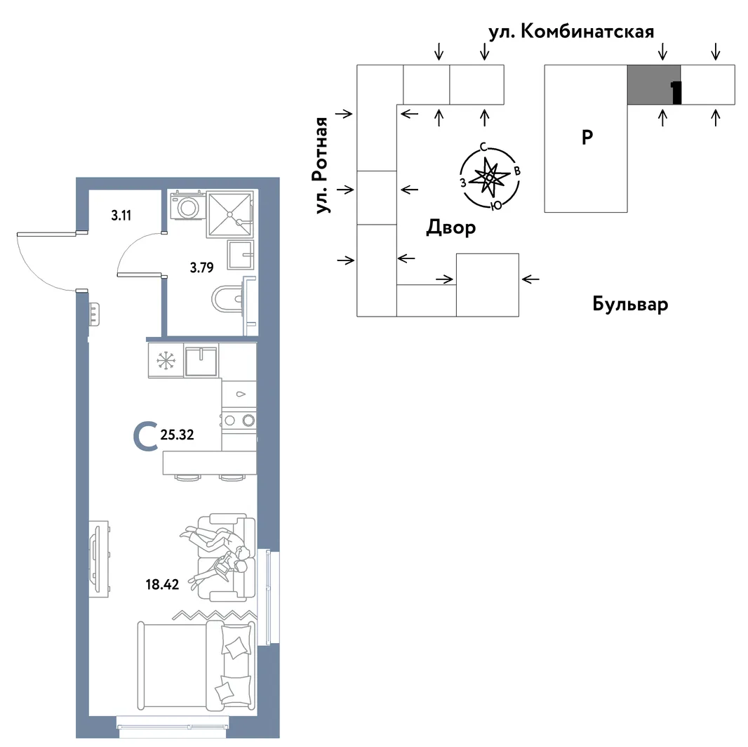 Планировка Студия, 25.19 м² ЖК «Уральский сад»