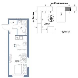 Планировка Студия, 25.19 м² ЖК «Уральский сад»
