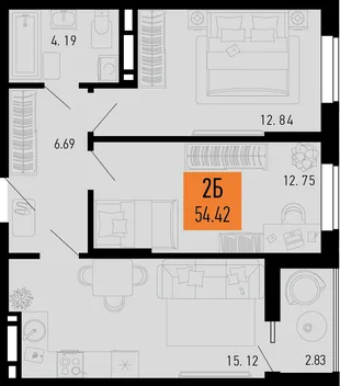 Планировка 2-комн. квартира, 54.42 м² ЖК «Столицыно»