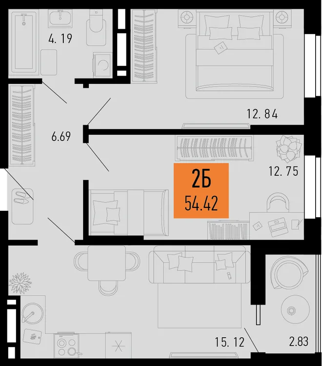 Планировка 2-комн. квартира, 54.42 м² ЖК «Столицыно» Планировка 2-комн. квартира, 54.42 м² ЖК «Столицыно»