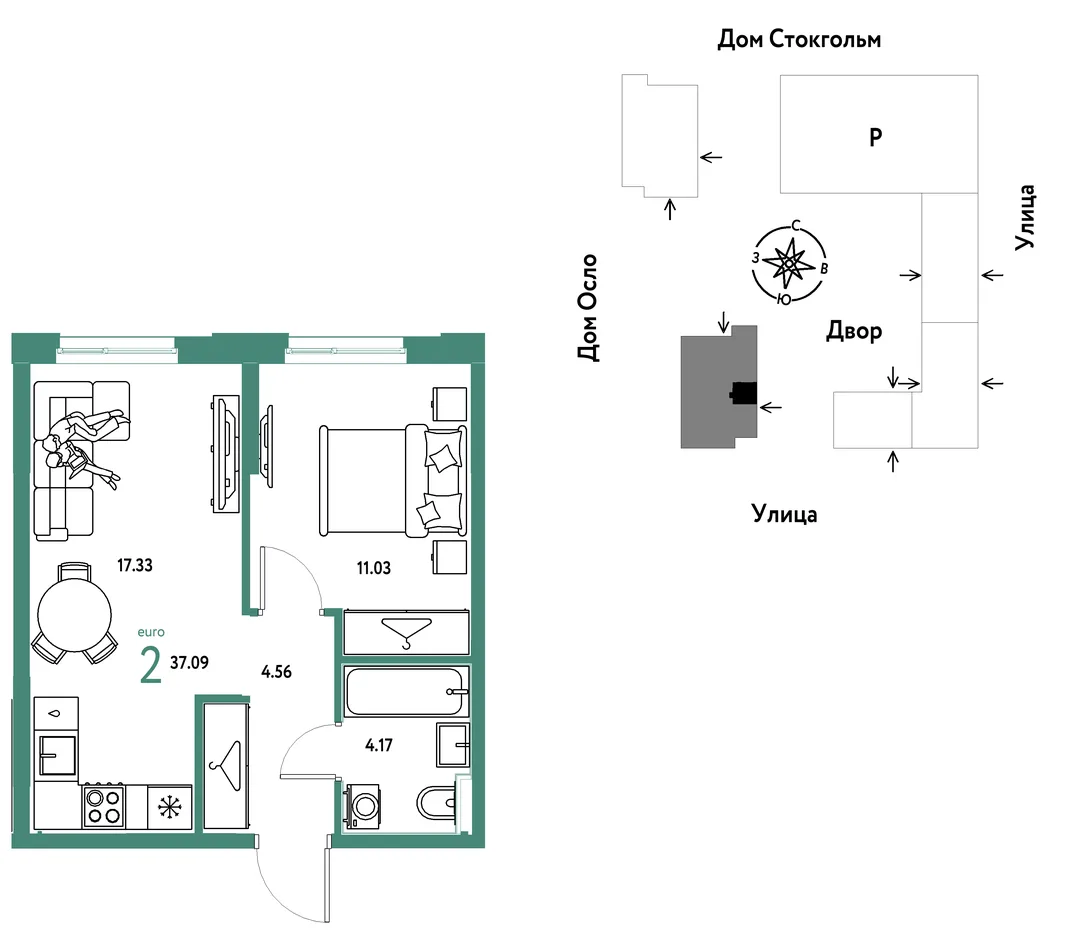 Планировка 2-комн. квартира, 37.09 м² ЖК «Европейский берег 2.0»