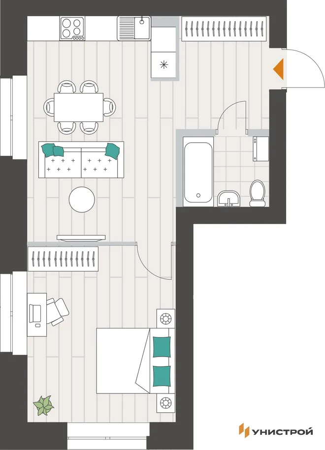 Планировка 1-комн. квартира, 44.72 м² ЖК «Аквамарин» Планировка 1-комн. квартира, 44.72 м² ЖК «Аквамарин»