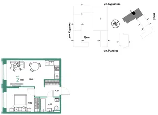 Планировка 2-комн. квартира, 38.75 м² ЖК «Остров-сад»
