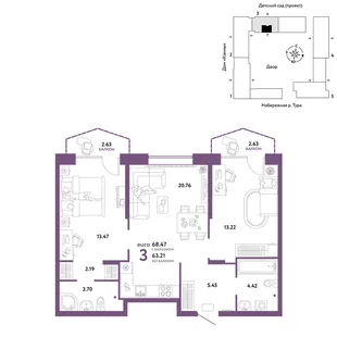 Планировка 3-комн. квартира, 68.47 м² ЖК «Европейский берег 2.0»