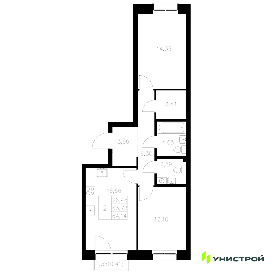 Планировка 2-комн. квартира, 64.14 м² ЖК «Statum»