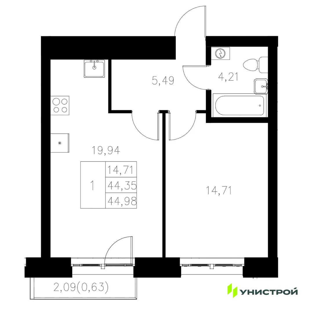 Планировка 1-комн. квартира, 44.98 м² ЖК «Statum»