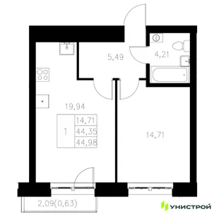 Планировка 1-комн. квартира, 44.98 м² ЖК «Statum»
