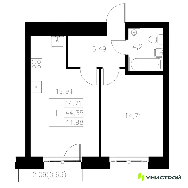 Планировка 1-комн. квартира, 44.98 м² ЖК «Statum» Планировка 1-комн. квартира, 44.98 м² ЖК «Statum»