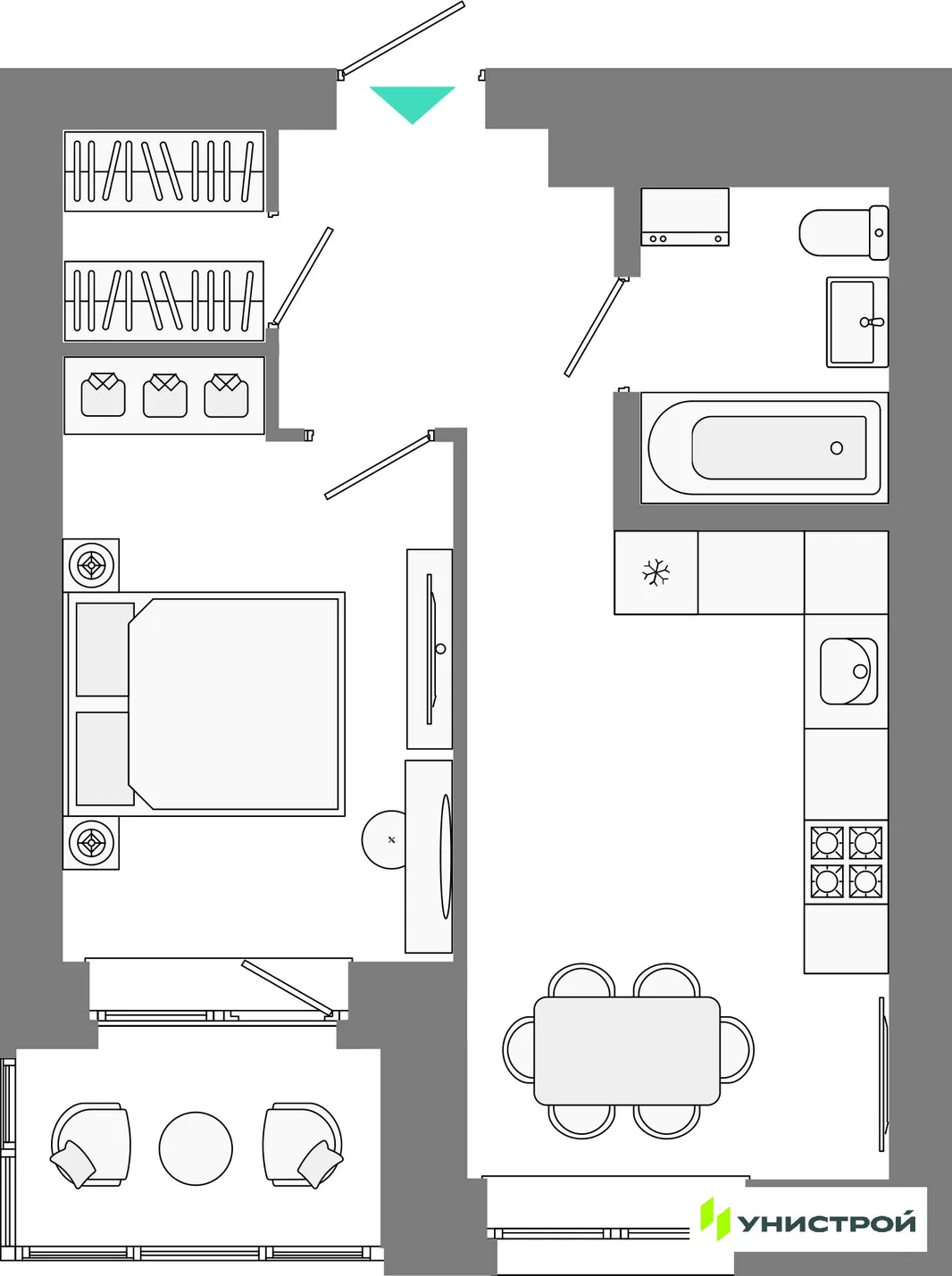 Планировка 1-комн. квартира, 36.59 м² ЖК «Лето»