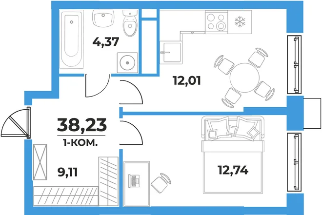 Планировка 1-комн. квартира, 38.23 м² ЖК «На семи холмах» Планировка 1-комн. квартира, 38.23 м² ЖК «На семи холмах»