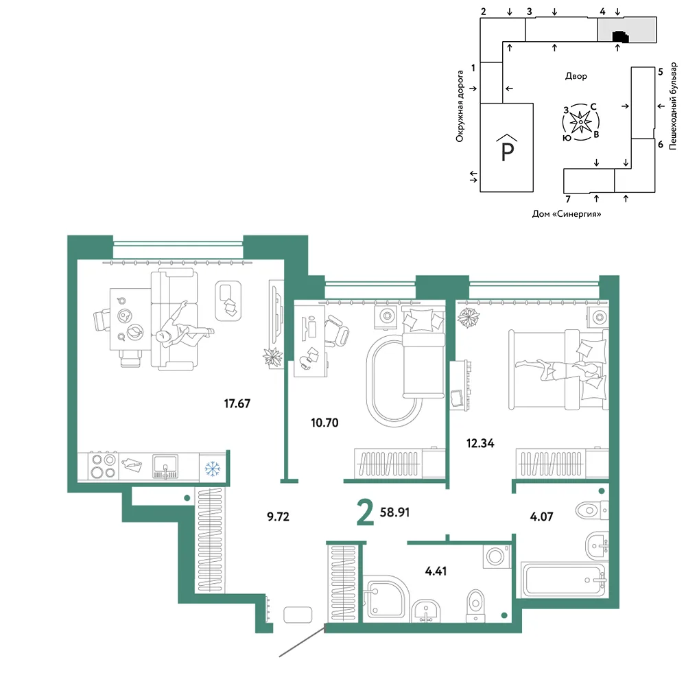 Планировка 2-комн. квартира, 58.91 м² ЖК «Юнион»