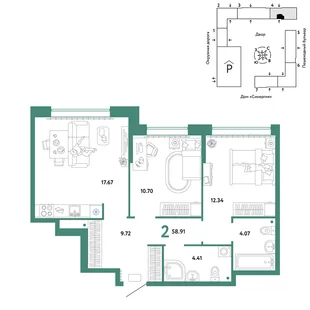 Планировка 2-комн. квартира, 58.91 м² ЖК «Юнион»
